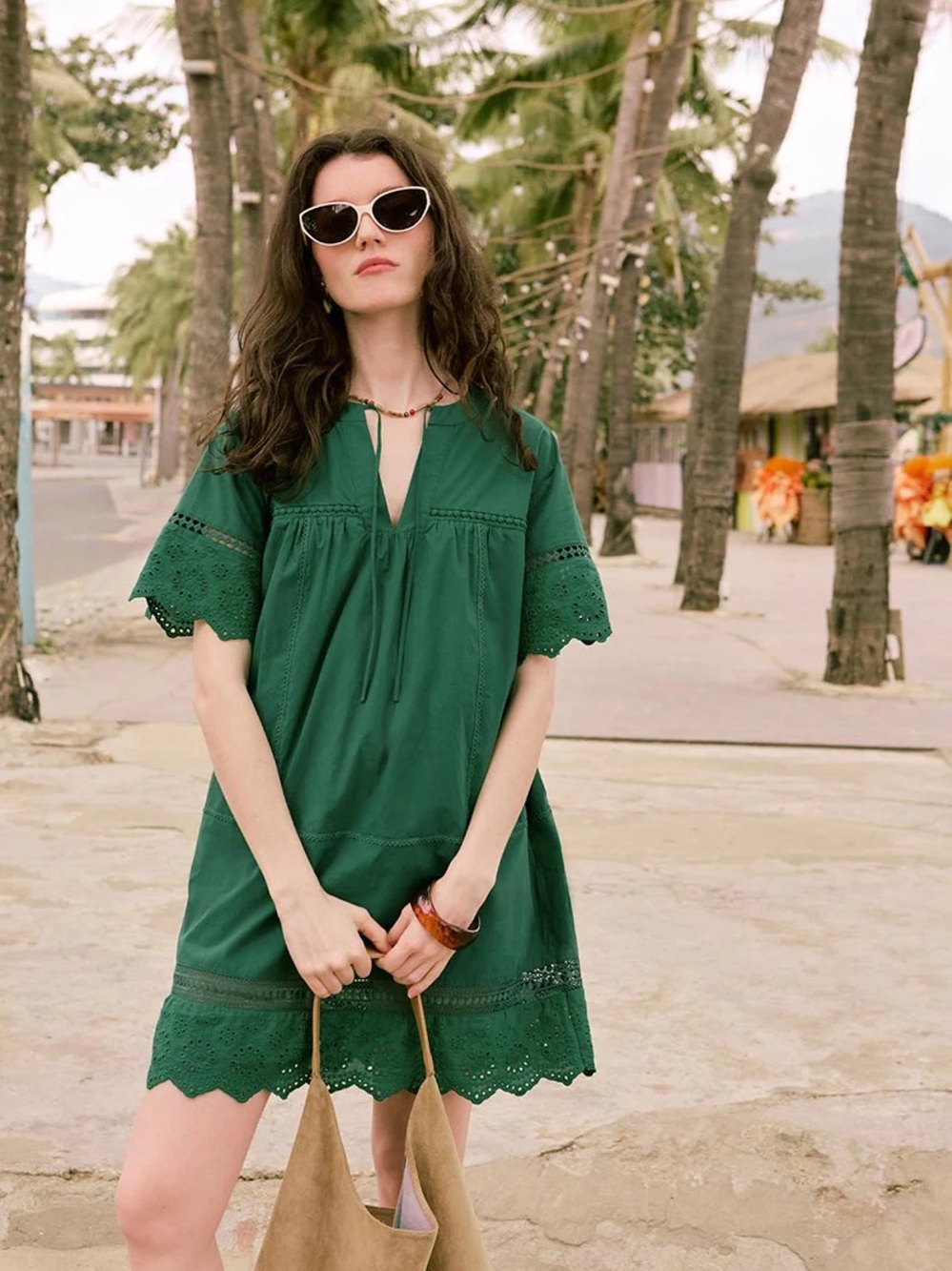 NWT Petite Studio Gwen Cotton Eyelet Dress, Size Small, Emerald Green